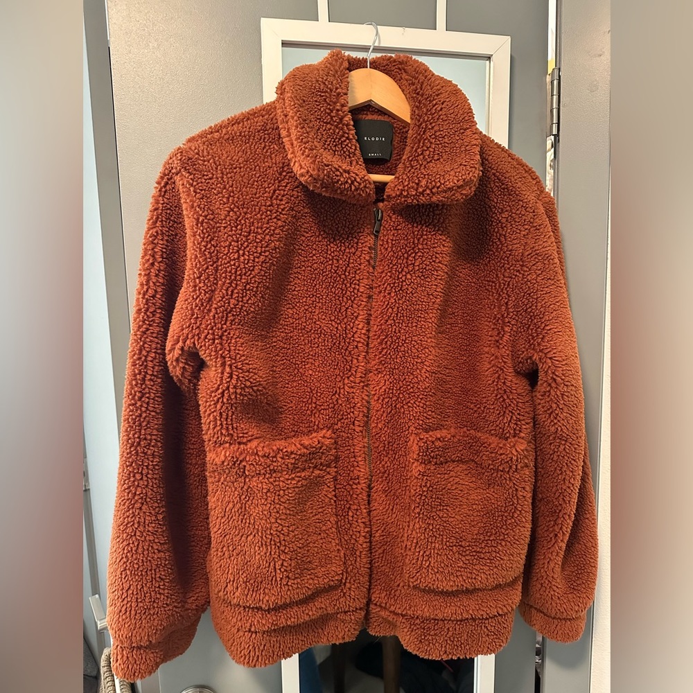 Elodie Burnt Orange Zip Up Teddy Jacket Size Small